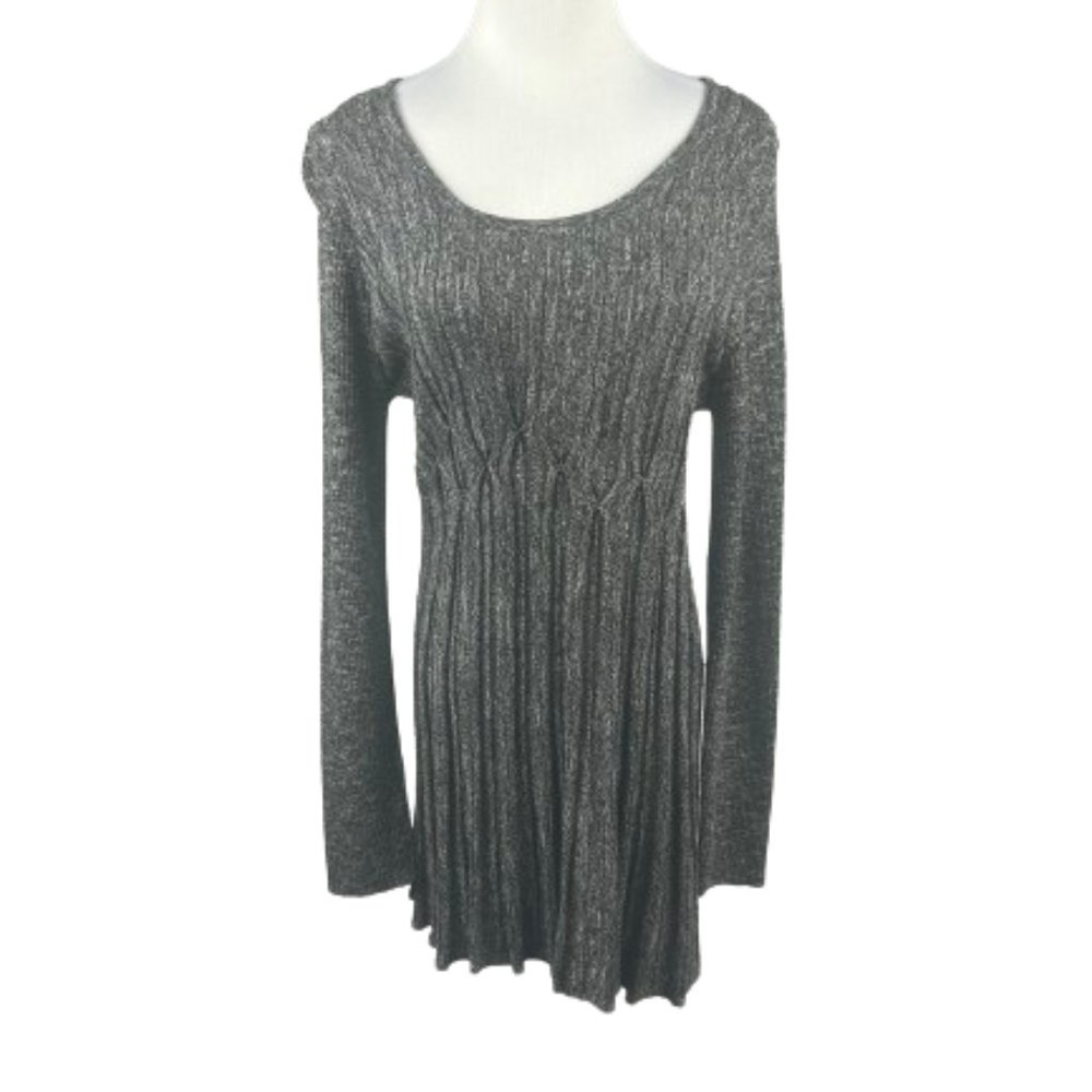 Max Studio Sweater Tunic Ribbed Pleated Grey Scoop Neck Stretch Women L‎